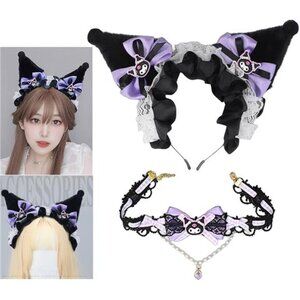 Halloween Soft Faux Fur Plush Fox Ears & Ribbon Bows Headband for Cartoon Kuromi